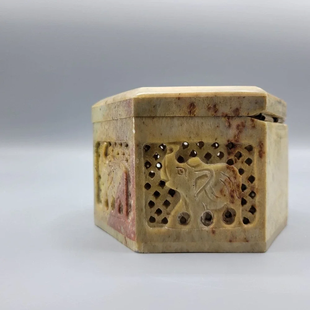 Vintage Carved Soapstone Hinged Trinket Box Trunk Up Elephant Hexagon Box